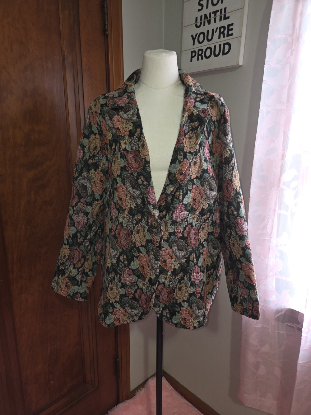 SHEIN Floral Tapestry Blazer in Dark Green with Pink & Tan Roses